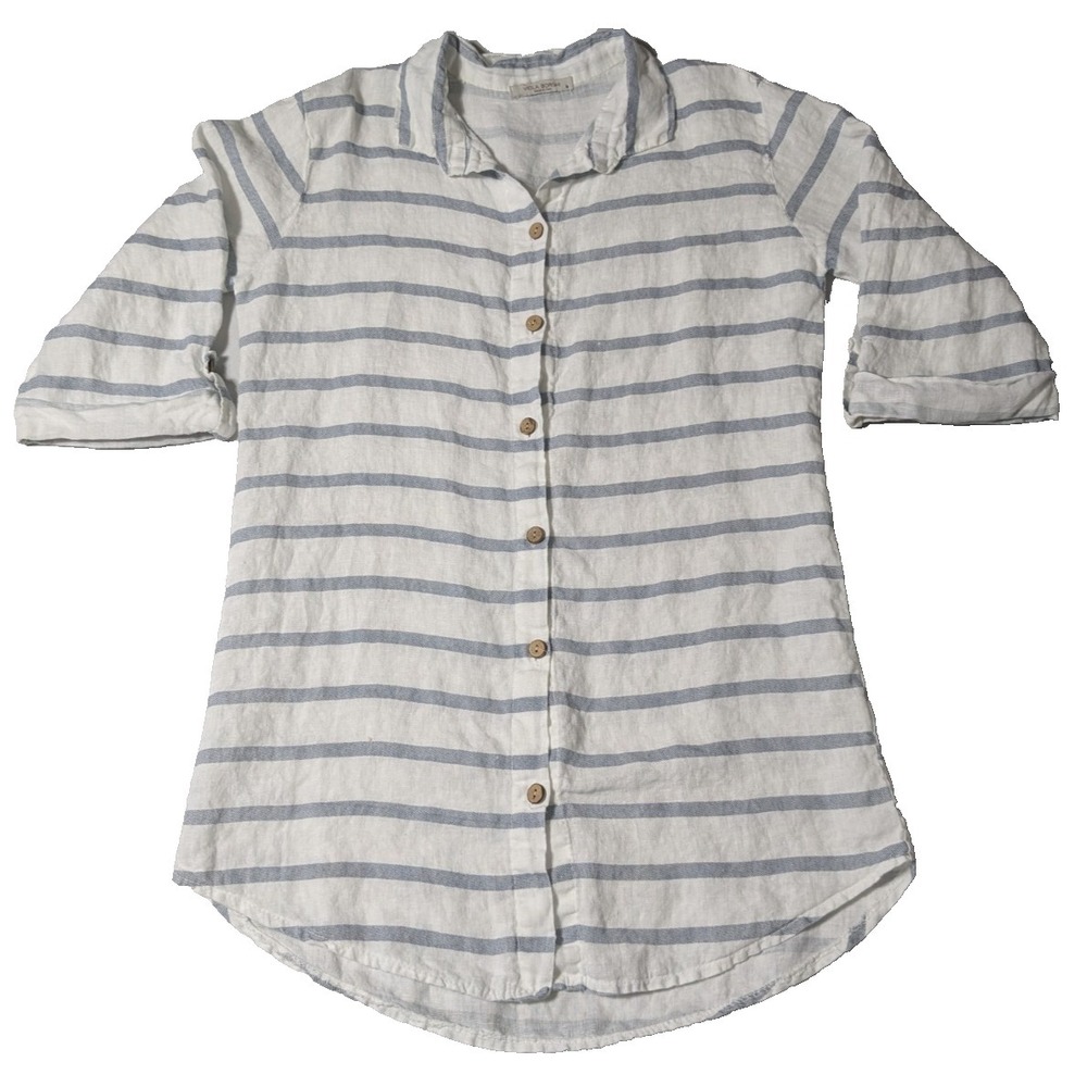 VIOLA BORGHI MADE IN ITALY LINEN Women Medium White Blue Wide-Stripe Shirt Dress